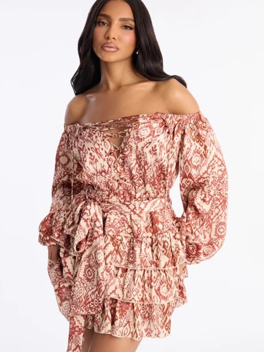 Fashion Nova Rust and Cream Off-Shoulder Boho Ruffle Mini Dress NWT Size Small